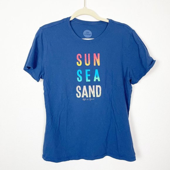 Life is Good Woman's Sz M Classic Fit Crew Neck Navy Blue Sun Sea Sand T‎ Shirt - Picture 1 of 8